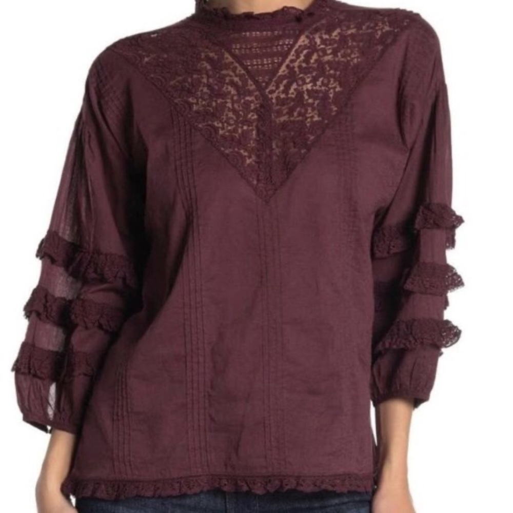FRYE Blouse Diya Sassafras Lace Accents Women Size XS Burgundy Lace Collar